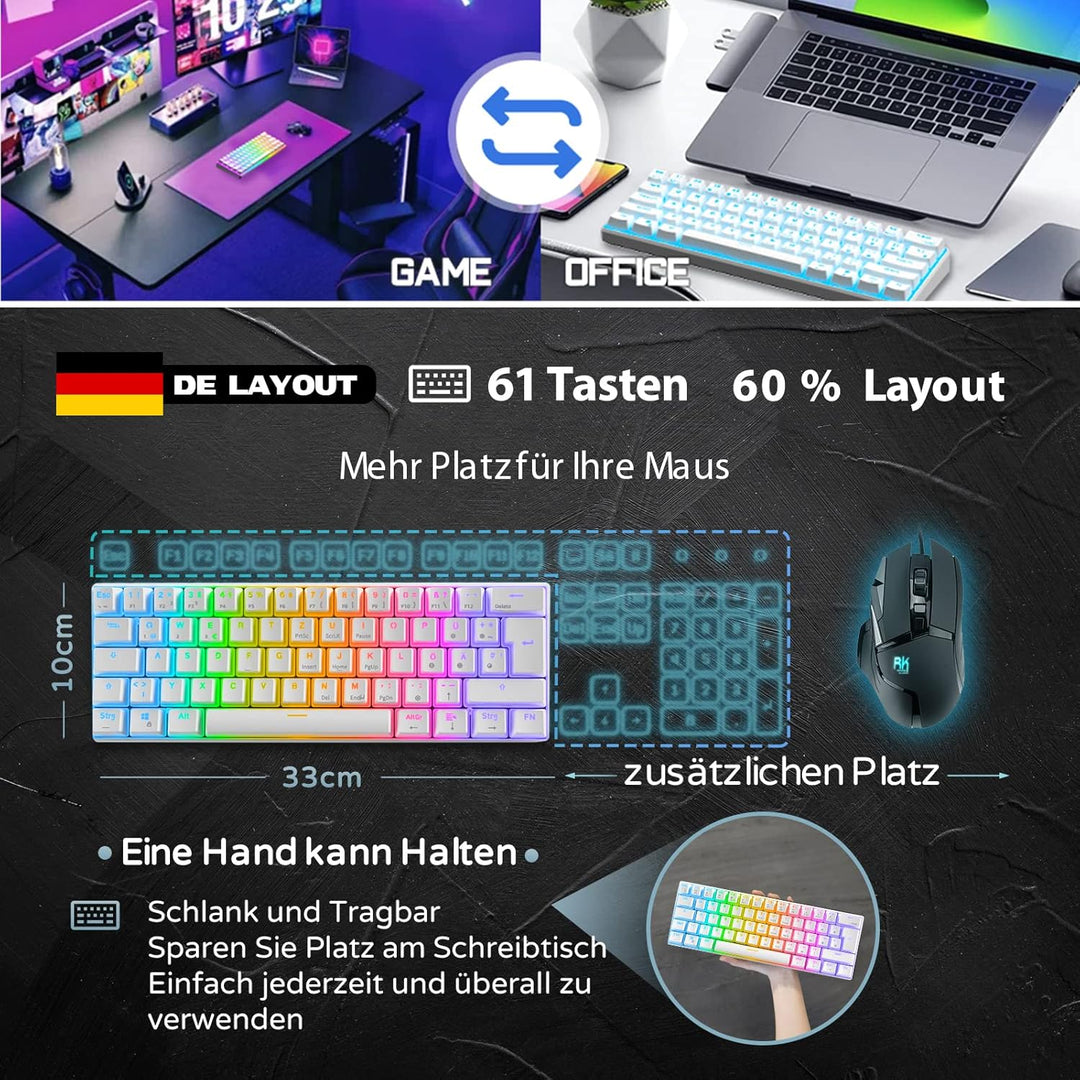 RK61 Mechanische Gaming-Tastatur, 2,4 GHz Wireless/Bluetooth/Wired 60% Mechanische Tastatur 61 Taste
