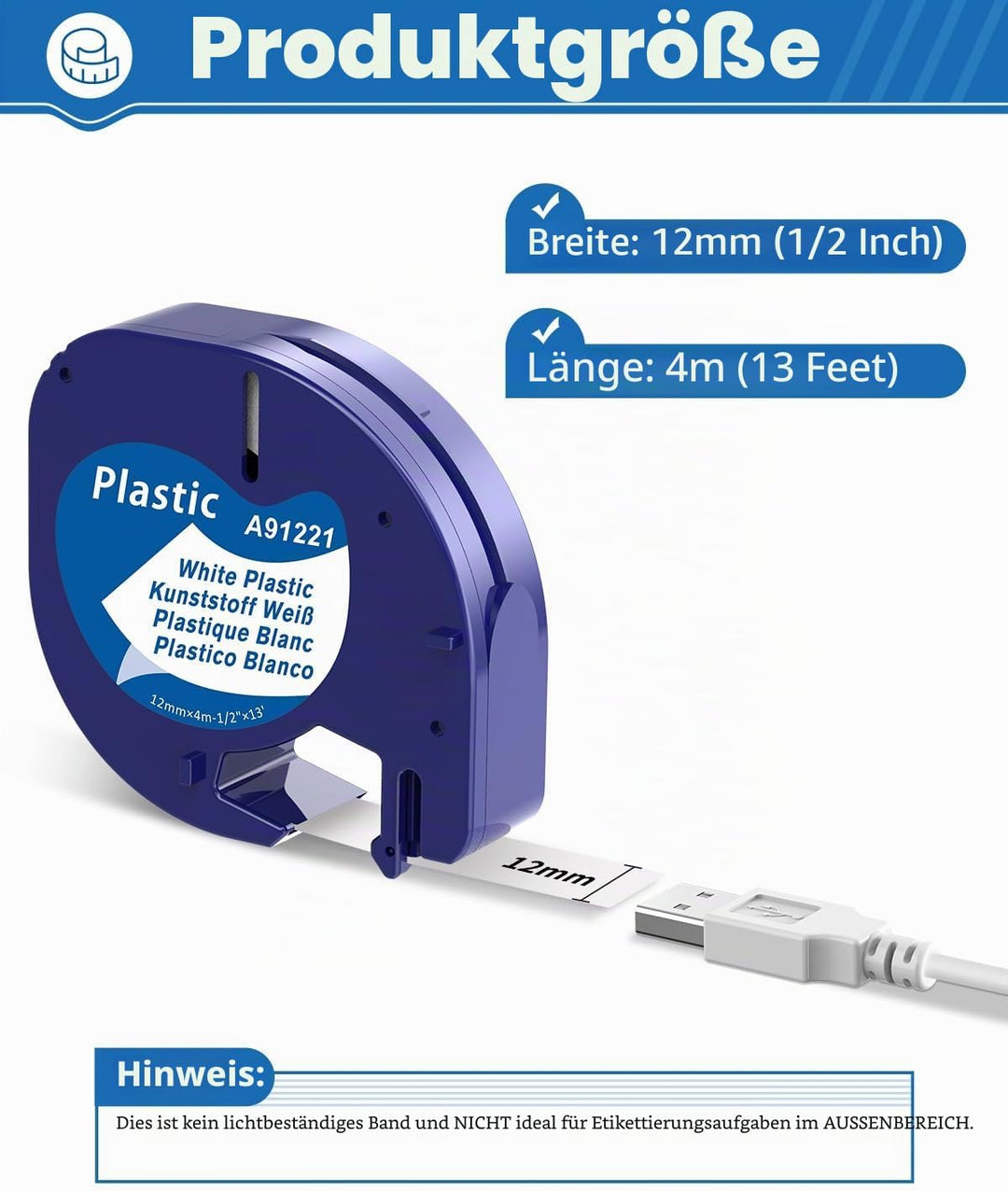 5 x Aken 91221 White Plastic 12mm x 4m Bänder Kompatibel mit Dymo LetraTag XR Schriftband für Dymo L