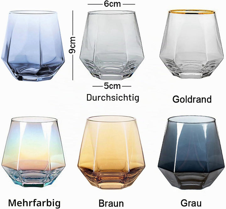 300ml Diamant Whiskey Gläser 4/6 Set, Klar Geometrisch Modisch Wasser Saft Tumbler Gekippt Scotch Gl