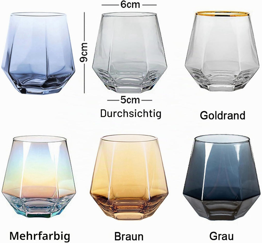 300ml Diamant Whiskey Gläser 4/6 Set, Klar Geometrisch Modisch Wasser Saft Tumbler Gekippt Scotch Gl