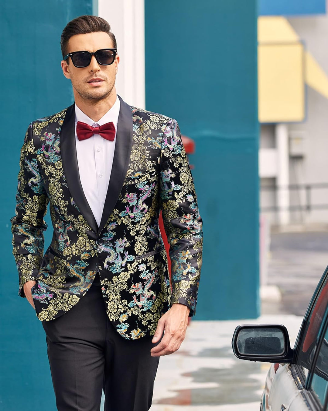 COOFANDY Smokingjacke für Herren, Blumenmuster, luxuriös, Bestickt, Hochzeit, Blazer, Kleid für Part