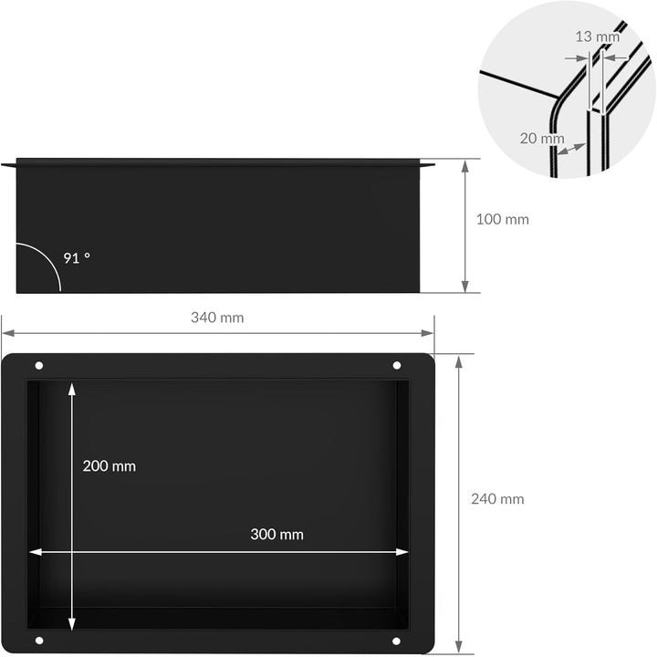 LuxeBath Wandnische aus Edelstahl, 20x30x10 cm, Schwarz, Duschnische, Randlos, Einbauregal, Flexible
