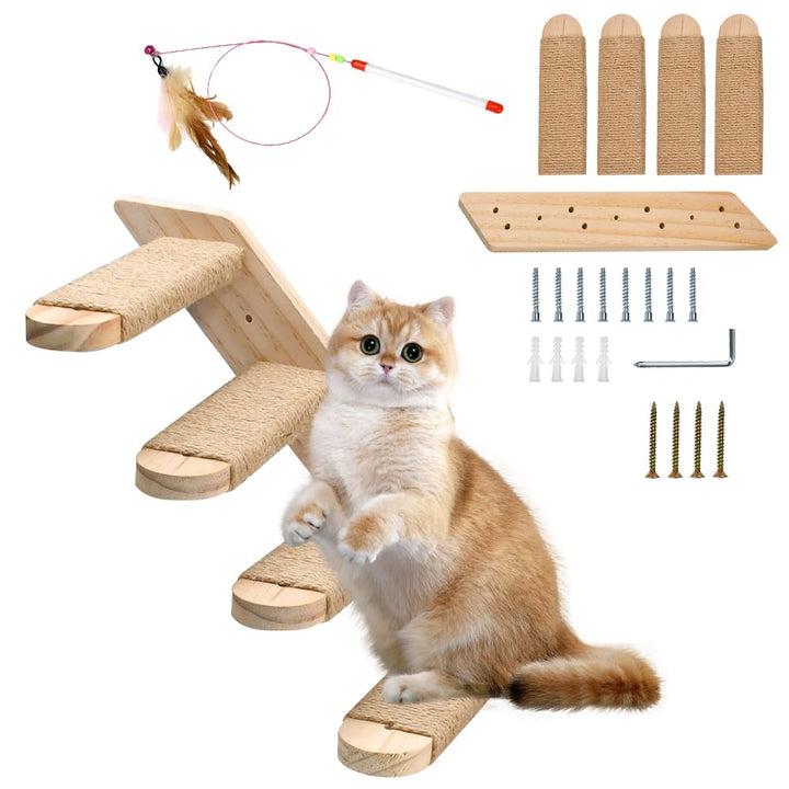 Katzentreppe Kletterwand Holz 4 Stufen Katzenleiter mit Juteseil &amp; Spielangel bis 15kg Traglast für
