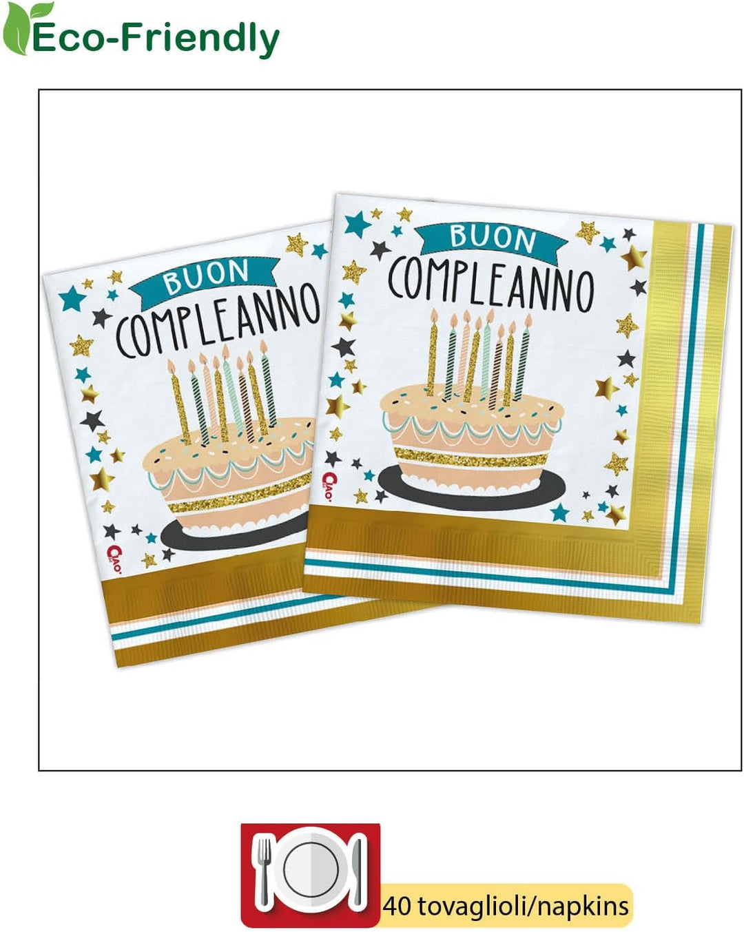 Partygeschirr Party-Set Buon Compleanno Shiny Gold für 24 Personen (112 pcs: 24 Pappteller Ø23cm, 24