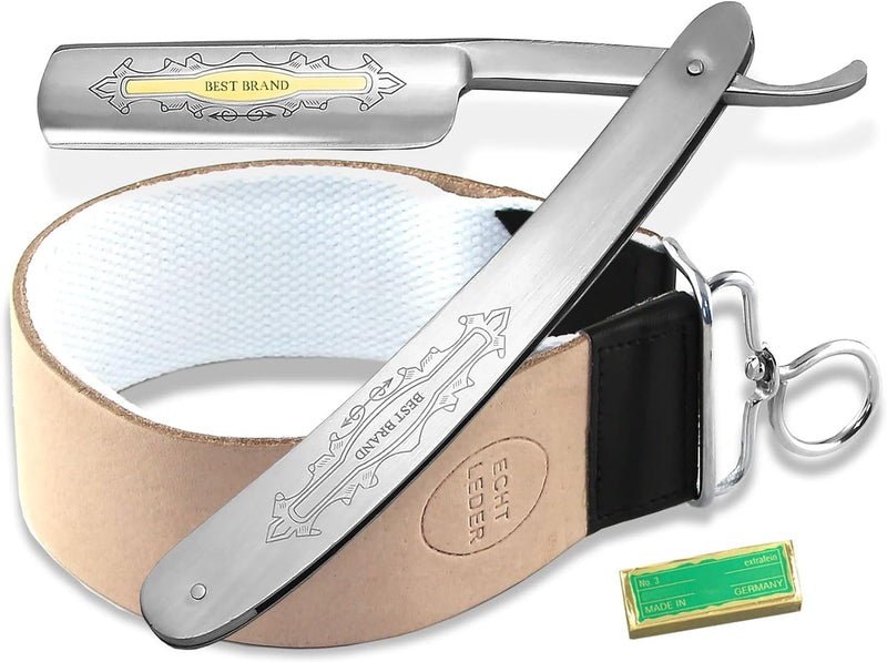 Geschenk Set Rasiermesser Set Paste aus Solingen mit Profi Kombi Streichriemen aus Leder Baumwolle u