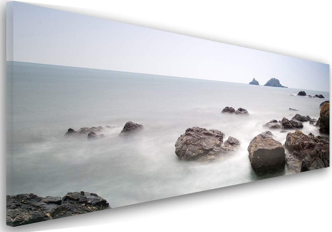 Feeby Frames, Leinwandbild, Bilder, Wand Bild, Wandbilder, Kunstdruck 50x150cm, FELSEN, WASSER, NEBE