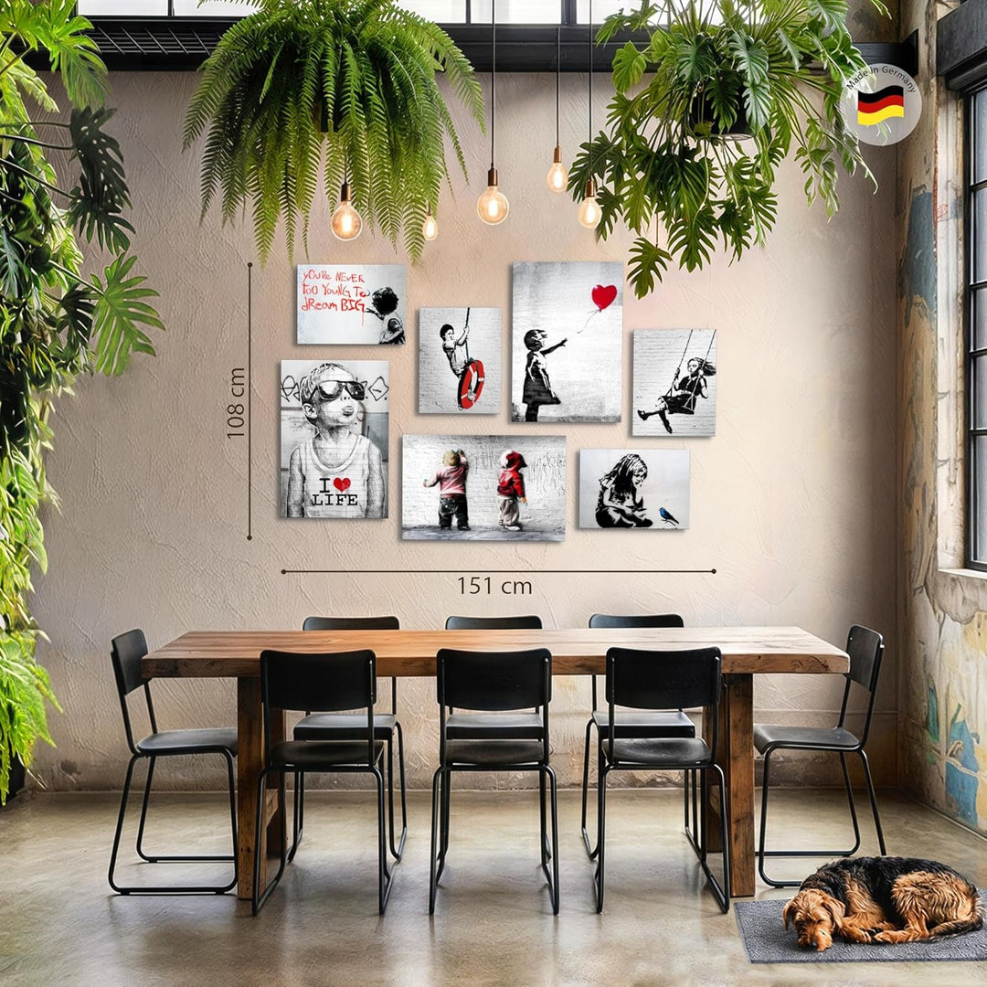 Novart Wandbilder Banksy Collage - KOMPLETT AUFHÄNGFERTIG - Street Art Grau Wohnzimmer Büro Loft - 7