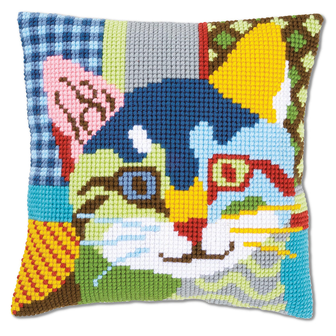 Vervaco Kreuzstichkissen Katze, Patchwork Stil, Stickbild vorgezeichnet Kreuzstichpackung Kissen, vo