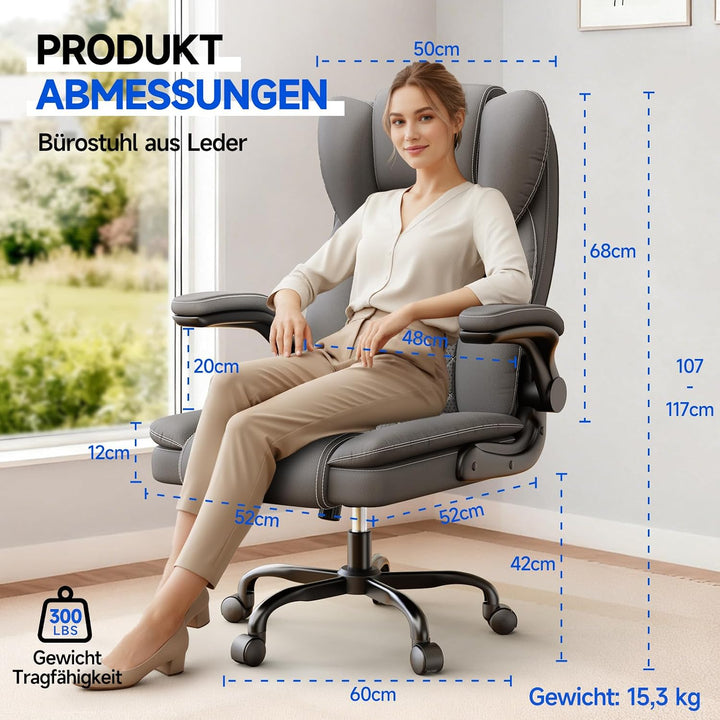 rattantree Bürostuhl, Grosser Ergonomischer Bürostuhl mit Verstellbarer Lendenwirbelstütze, PU Leder