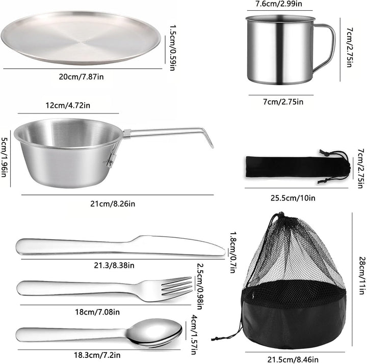 Camping Geschirr Set 8 Teilig, Wiederverwendbarer Camping Besteckset, Camping Geschirr 1 Person Inkl