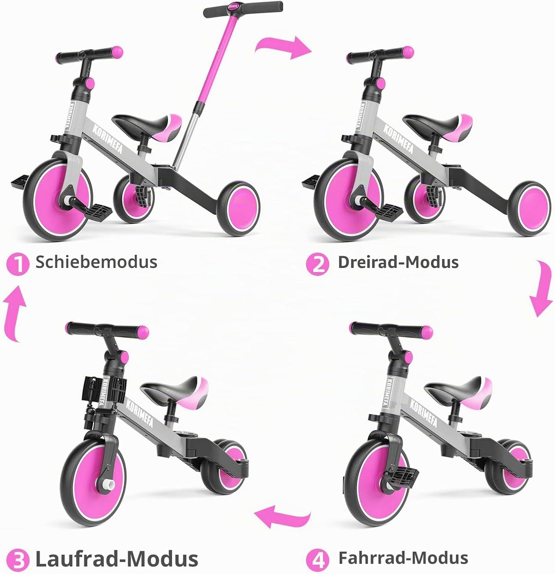 KORIMEFA 4 in 1 Laufräder Laufrad Kinderdreirad Dreirad Lauffahrrad Lauflernhilfe mit Schubstange fü