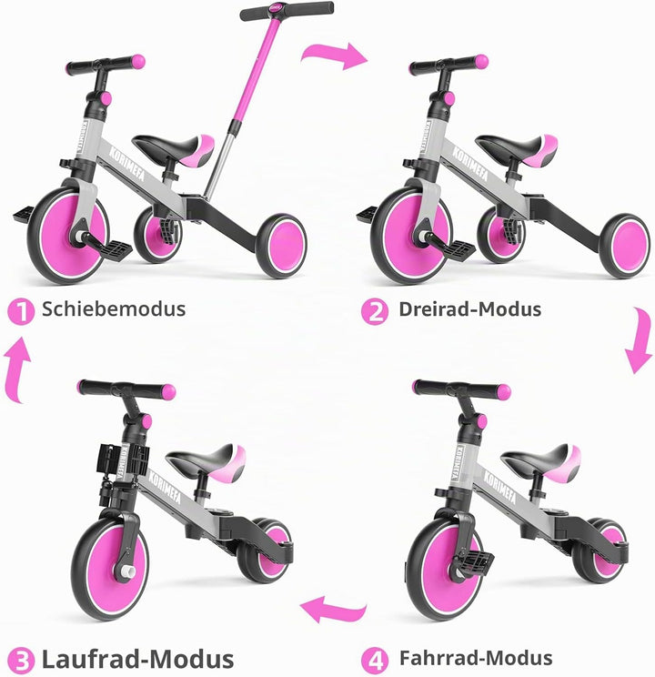 KORIMEFA 4 in 1 Laufräder Laufrad Kinderdreirad Dreirad Lauffahrrad Lauflernhilfe mit Schubstange fü