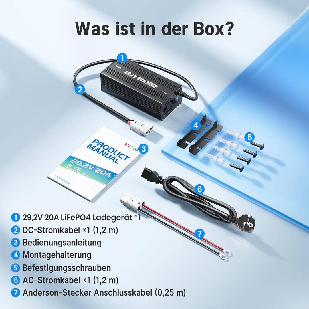 Redodo LiFePO4 Ladegerät 29,2V 20A, Schnelles AC-DC Ladegerät für Batterien, Geeignet für LiFePO4 Ba