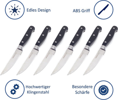 Hanseküche Steakmesser Set – 6x Hochwertige Steakmesser mit Holzgriff – Edles Besteck Set aus rostfr