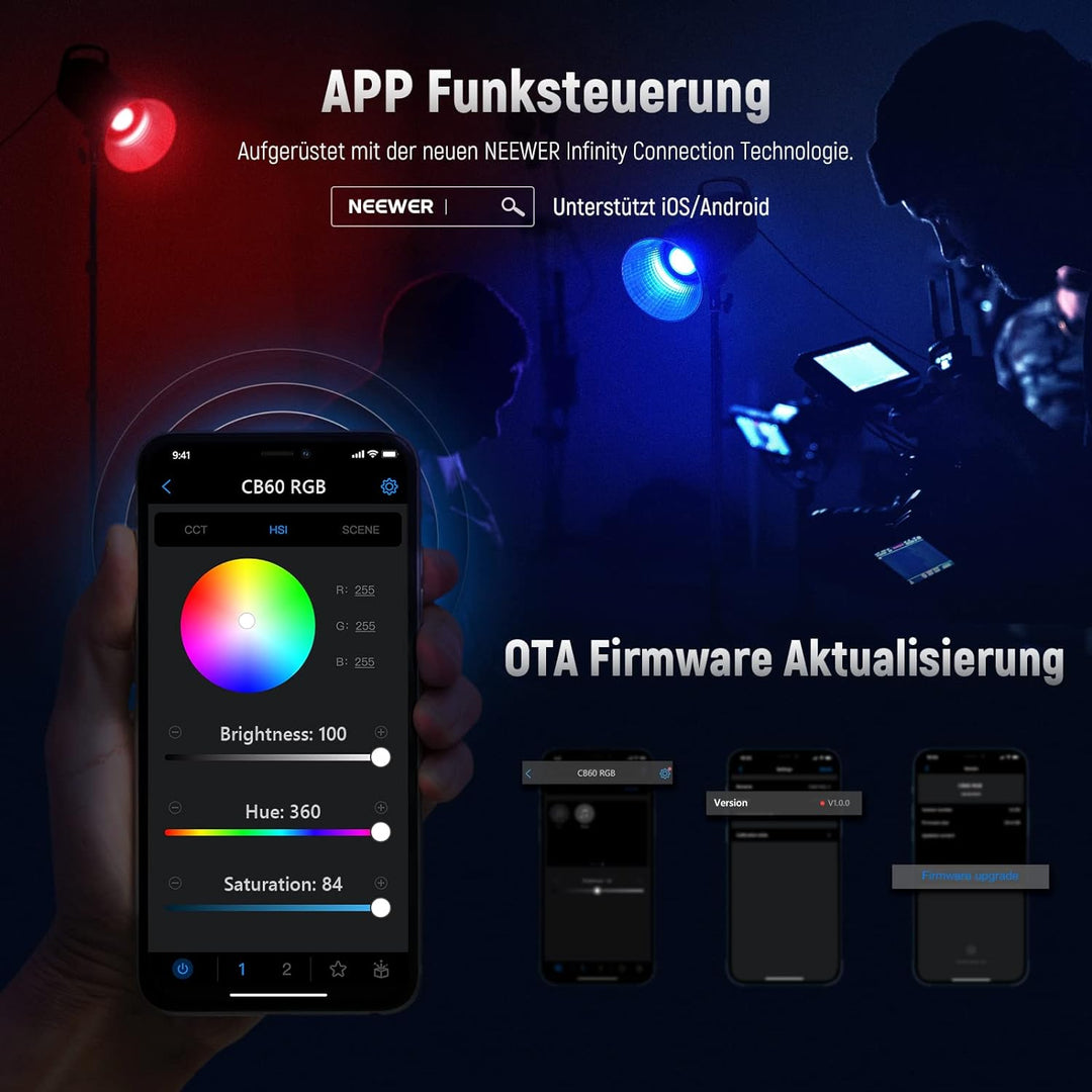 NEEWER CB60 RGB 70W LED Videoleuchte Studiolicht Bowens Halterung COB Vollfarbe 18000 Lux@1m CCT 270