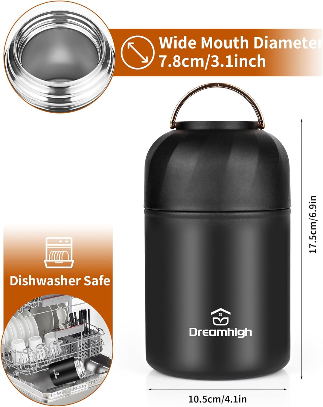 Dreamhigh® Thermobehälter für Essen 850 ml, Edelstahl Warmhaltebehälter Essen mit Griff, Thermoskann
