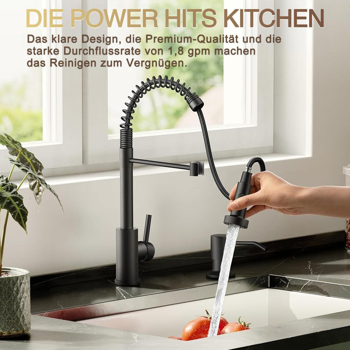 Wasserhahn Küche Schwarz - Hochdruck Küchenarmatur Ausziehbar - 360°Drehbar 3 Sprühfunktionen - Spir
