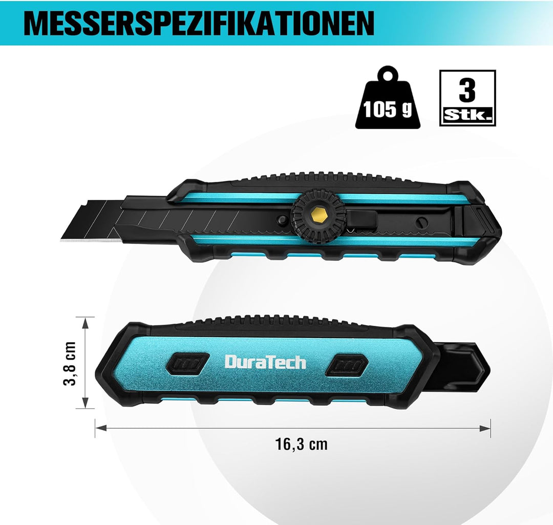 DURATECH 3 Stück Cuttermesser Set 18mm Profi Teppichmesser mit Drehknopf Sicherheitssperre, SK5 Abbr