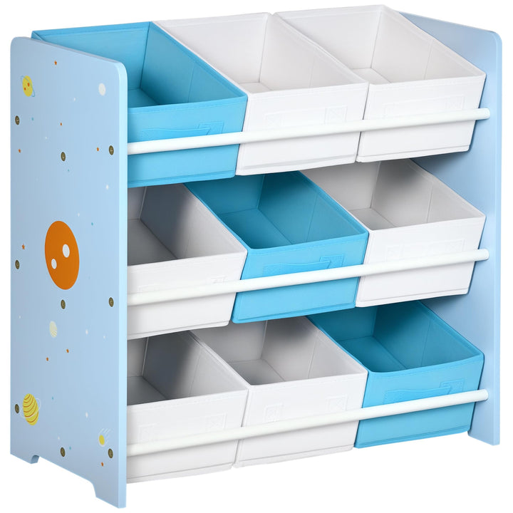 ZONEKIZ Spielzeugschrank mit 9 herausnehmbaren Körben, Spielzeugkiste aus MDF-Holz und Stoff, 63x30x