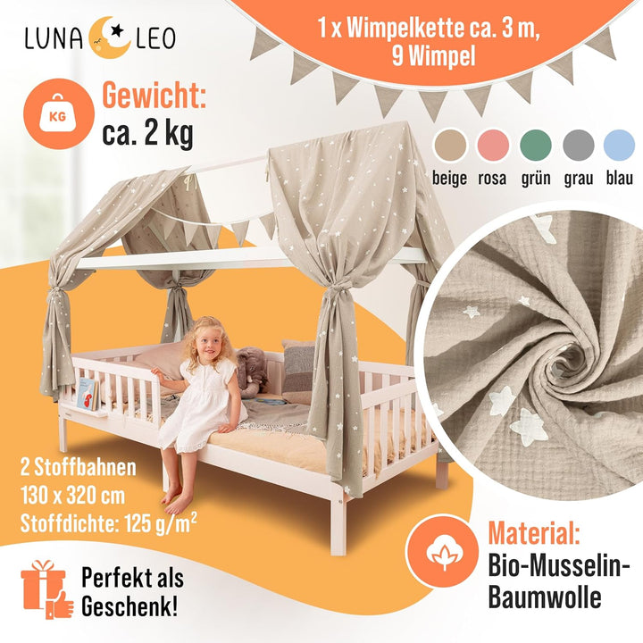 Luna & Leo Hausbett Himmel 3-TLG - mit Sternendruck [Bio Musselin Baumwolle] Handmade | Himmelbett V