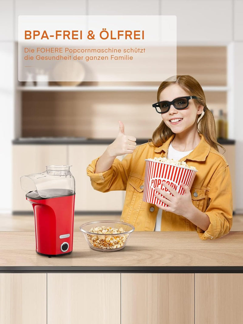 Popcornmaschine 1400W, 120g/4L Grosse Kapazität, Heissluft Popcorn Maker für Zuhause, Gesund& Ölfrei