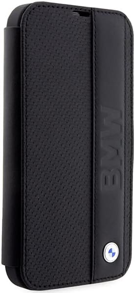 BMW BMBKP14X22RDPK Hülle für iPhone14 Pro Max 6,7" Schwarz Bookcase Leather Textured&Stripe