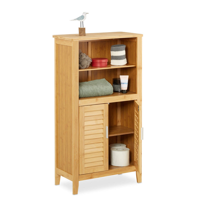 Relaxdays Badezimmerschrank Bambus, HBT: ca. 92 x 50 x 25 cm, Badschrank mit Türen in Lamellen-Optik