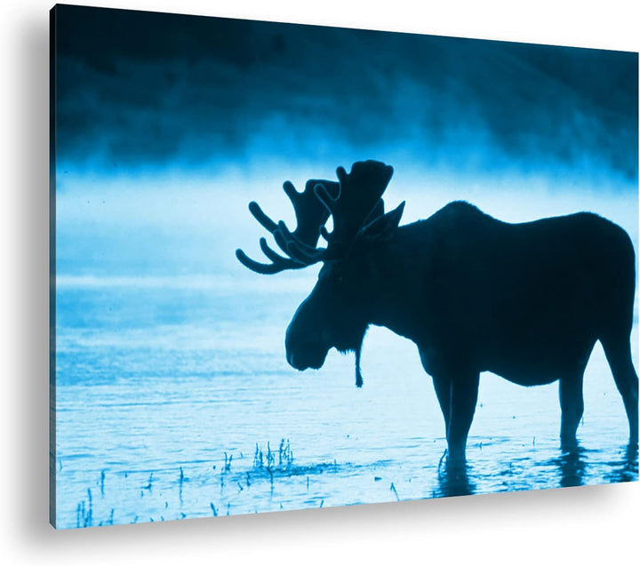 deyoli Elch Silhouette am Wasser Format 80x60 Effekt: Monocrome Blau als Leinwandbild, Motiv fertig