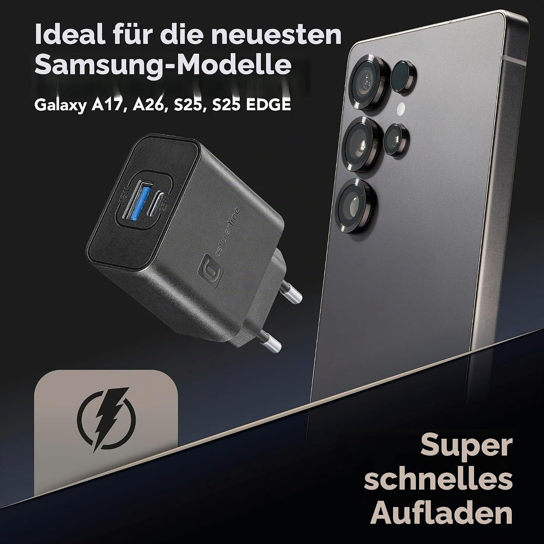 Cellularline | Netzwerk-Ladegerät | USB- und USB-C-Ladegerät mit 2 Anschlüssen und 25-W-Super-Fast-C