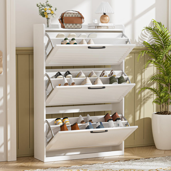 Schuhschrank Schmal, Schuhkipper mit Lamellentür, Schuhregal mit 3 Klappen, Schuhkommode mit 6 Verst