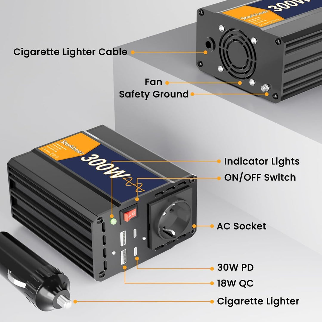 300W/600W Wechselrichter Reiner Sinus 12V auf 230V Spannungswandler, Pure sine Auto Inverter, 4X USB