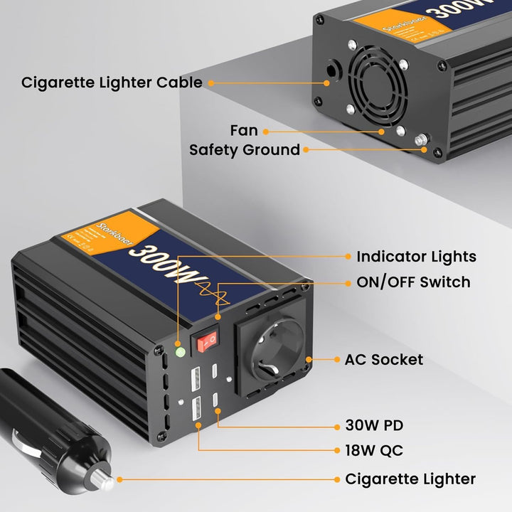 300W/600W Wechselrichter Reiner Sinus 12V auf 230V Spannungswandler, Pure sine Auto Inverter, 4X USB