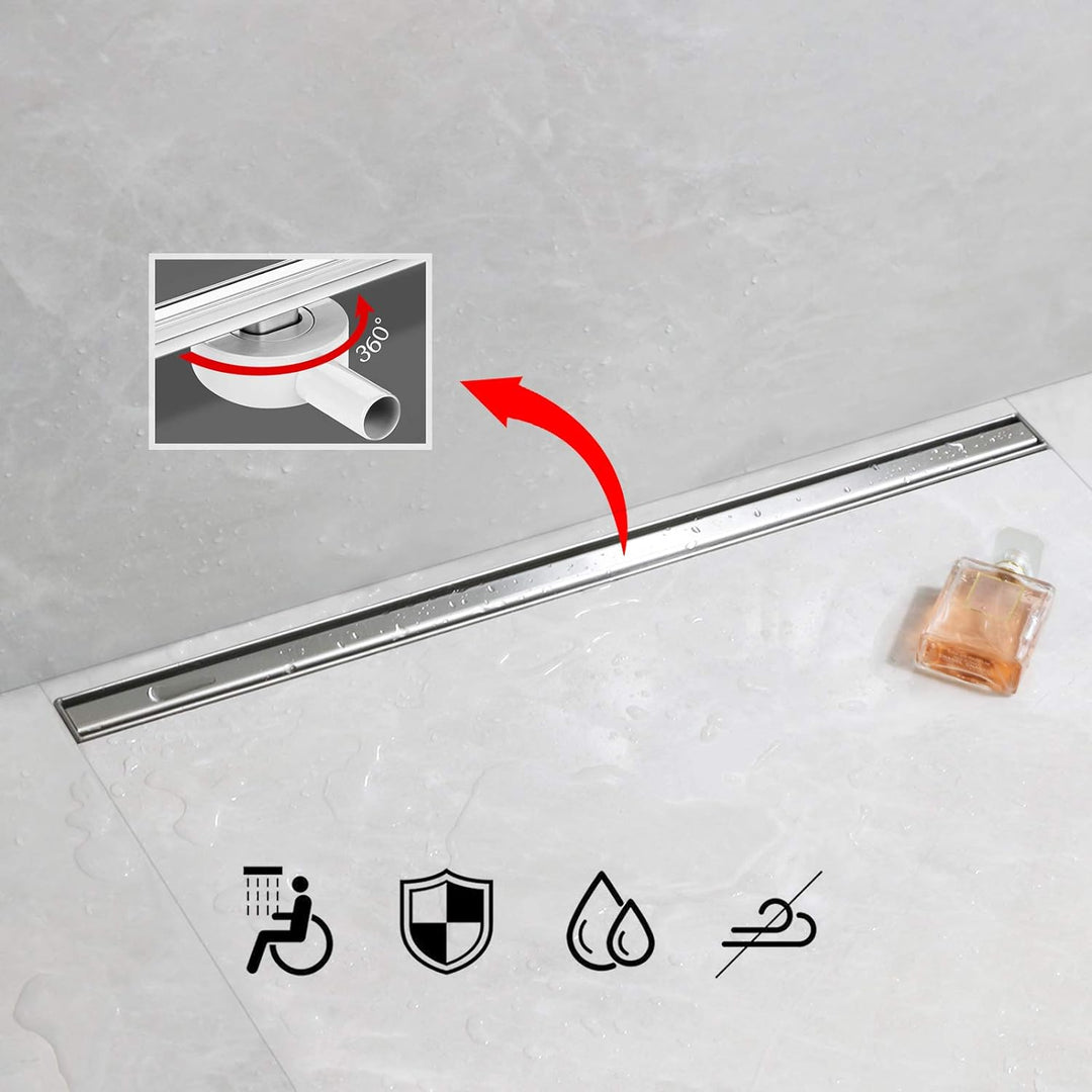 SaniteModar Duschrinne 50cm, Siphon mit Geruchsstop und Haarfilter, schlankes Auslaufrohr. Die Dusch