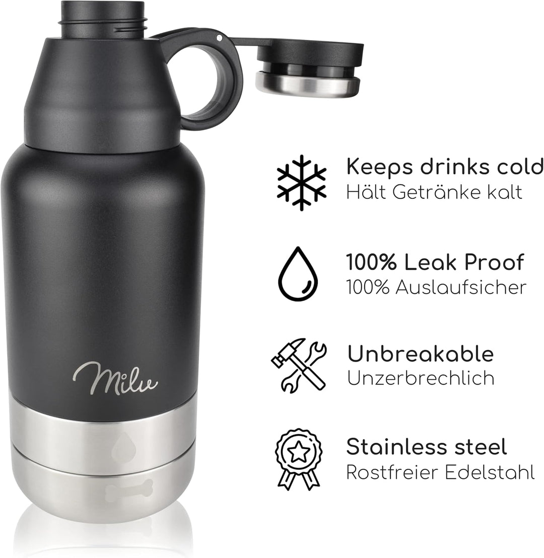 Milu Trinkflasche Hunde für Unterwegs 950ml - Wasserflasche mit Futternapf, Isolierte Edelstahl Hund
