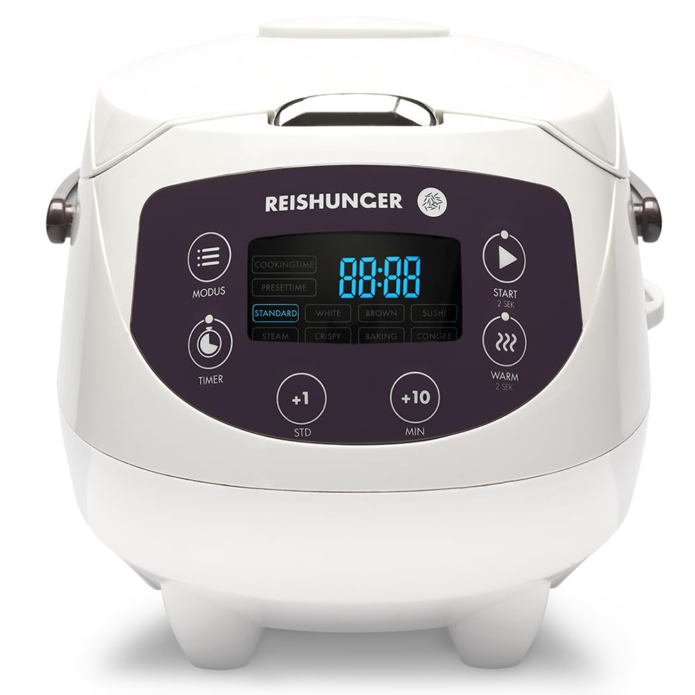 Digitaler Reishunger Mini Reiskocher und Dampfgarer in Weiss - Warmhaltefunktion, Timer & Premium To