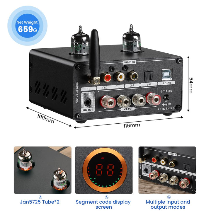 AIYIMA T9PRO JAN5725 Vakuumröhrenverstärker 100Wx2 TPA3250 Stereo-USB-DAC-Verstärker QCC3031 Bluetoo