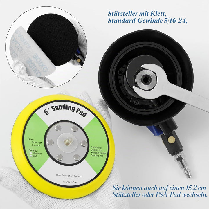 5 Zoll Luft-Random-Orbital-Schleifer, ohne Absaugung, 125mm pneumatischer Handschleifer mit 8 Schwam