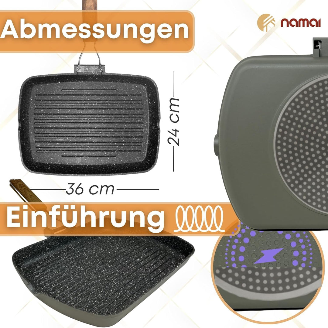 NAMAI - Grillpfanne mit Induktion, klappbarer Griff, platzsparend, 36 cm x 24 cm, antihaftbeschichte