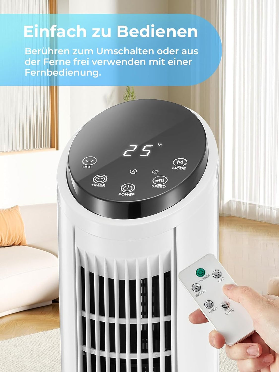 FOHERE Turmventilator 102cm, 12 Stufen Standventilator mit Fernbedienung, 32dB Sehr Leiser, Oszillie