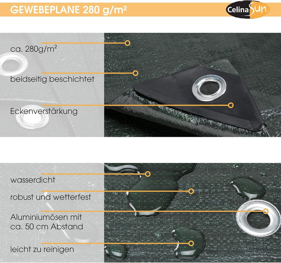 CelinaSun Gewebeplane 3x5 m grün mit Flechtleine schwarz 280 g/qm Gartenplane Abdeckung Anhängerplan