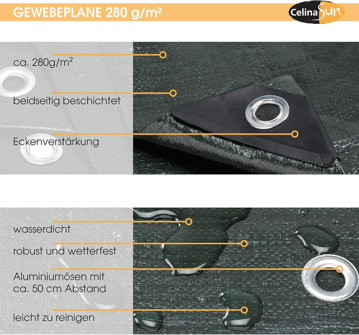 CelinaSun Gewebeplane 3x5 m grün mit Flechtleine schwarz 280 g/qm Gartenplane Abdeckung Anhängerplan