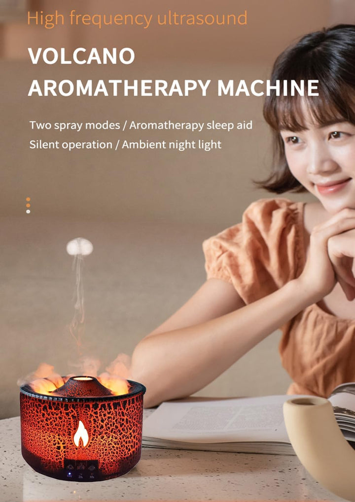 ThreeH Flammen-Vulkan Luftbefeuchter mit Aromadiffusor 2 Nebelmodi 7 Farben LED Für 20m² Räume