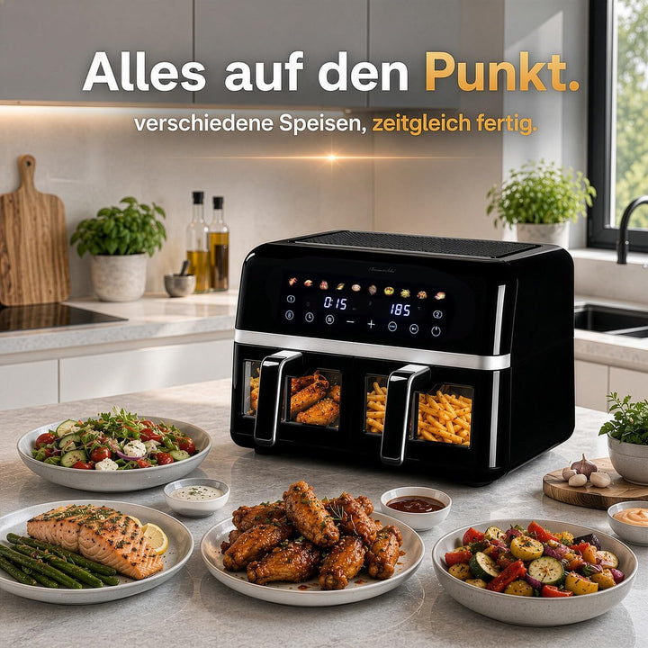 Rosenstein & Söhne Fritteuse: Dual-Heissluftfritteuse, 2 Schubladen mit Sichtfenster, 10 Programme (