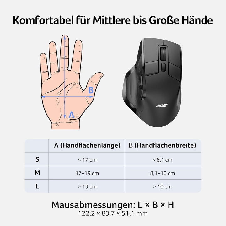 acer Maus Kabellos Tri-Mode, Bluetooth Maus 4000 DPI für 4 Geräte (2,4 G+BT 5.2+Kabel), Ergonomische