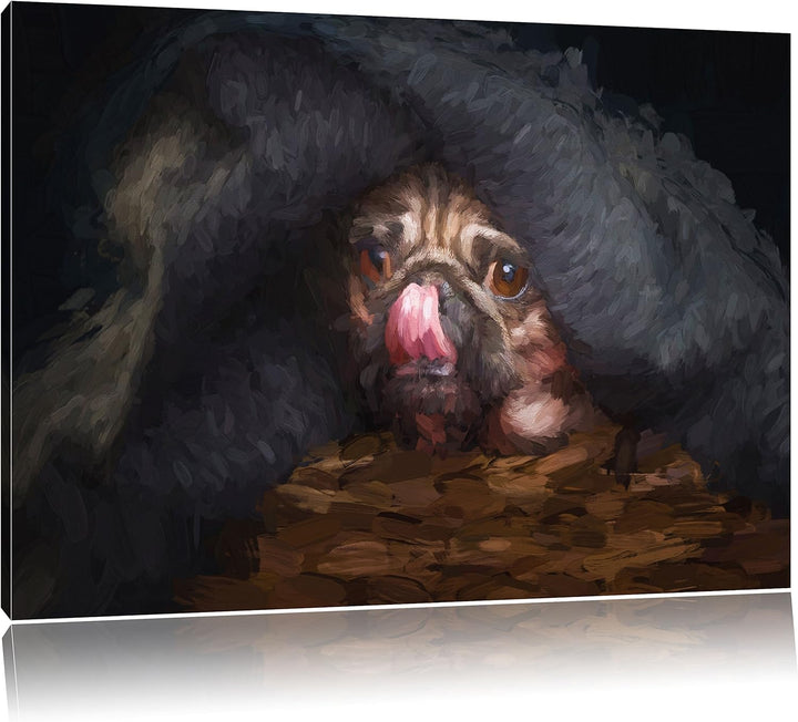 Pixxprint Süsser Mops unter der Decke Kunst als Leinwandbild/Grösse: 100x70 cm/Wandbild/Kunstdruck/f