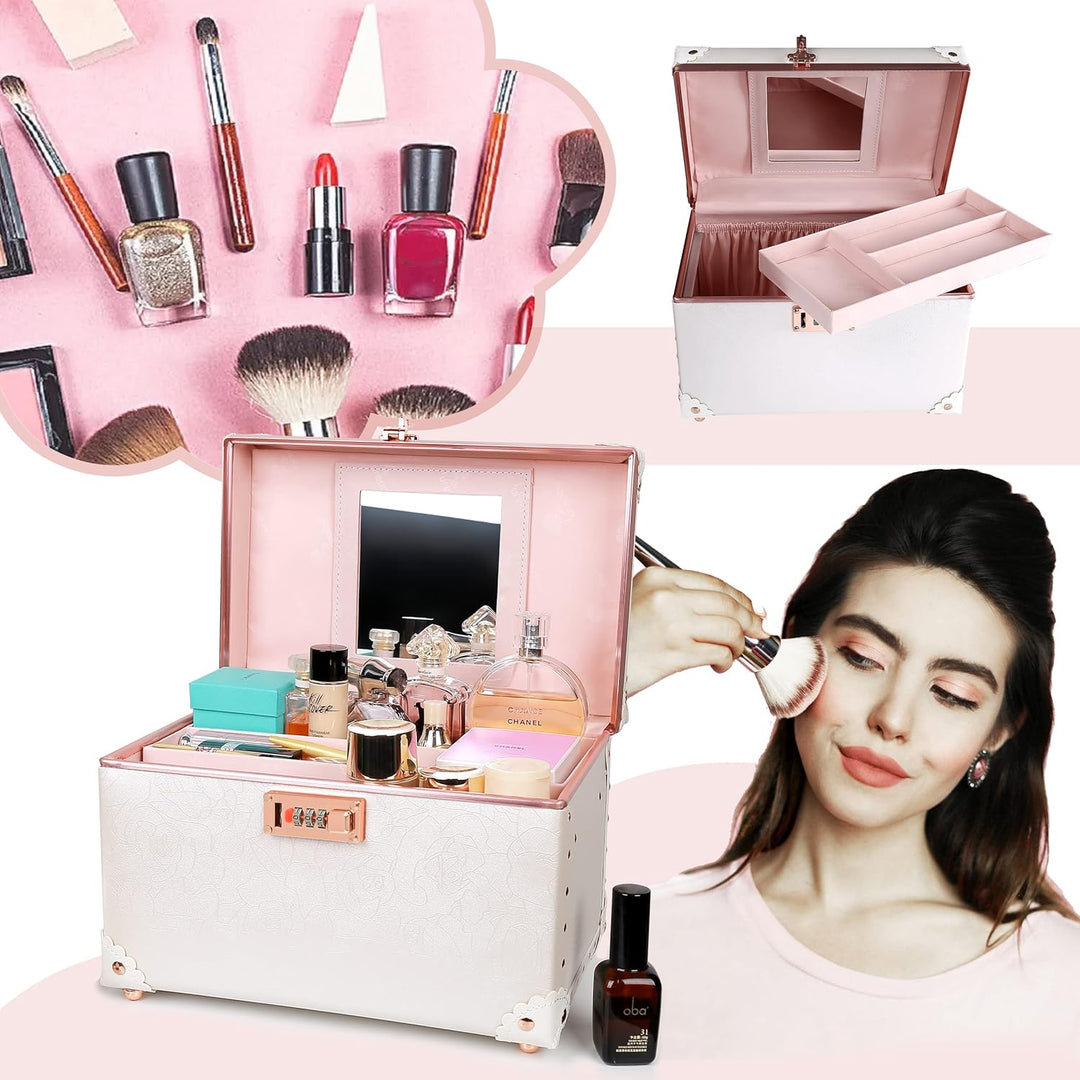 urecity Vintage Leder Kosmetikkoffer mit Spiegel - Hartschale Schminkkoffer für Damen, Reise Make-up