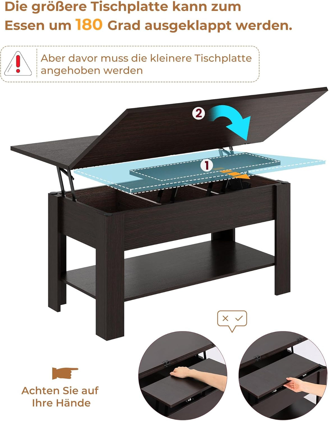 KIMENICH Couchtisch Höhenverstellbar, 3-in-1-Multifunktions-Wohnzimmertisch, Kaffeetisch, Versteckte