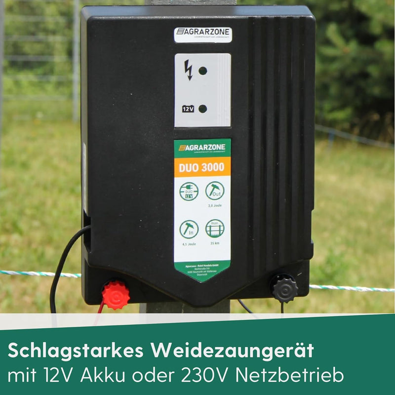 Agrarzone DUO 3000 Weidezaungerät 12V, 230V, 4,5 Joule | robustes Elektrozaungerät für Weidezaun | S