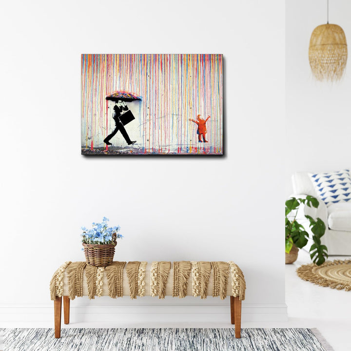 Giallobus - Gemälde - Banksy - Regen der Farben - Premium Loom Canvas mit hoher Dicke - 100x70 - Ber