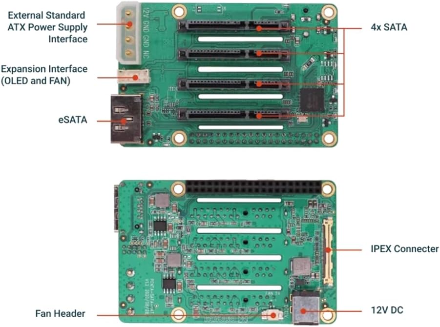 Raspberry Pi 5 Penta-SATA-Hut mit oberer Platine – bis zu 5 x SATA-Disks HAT